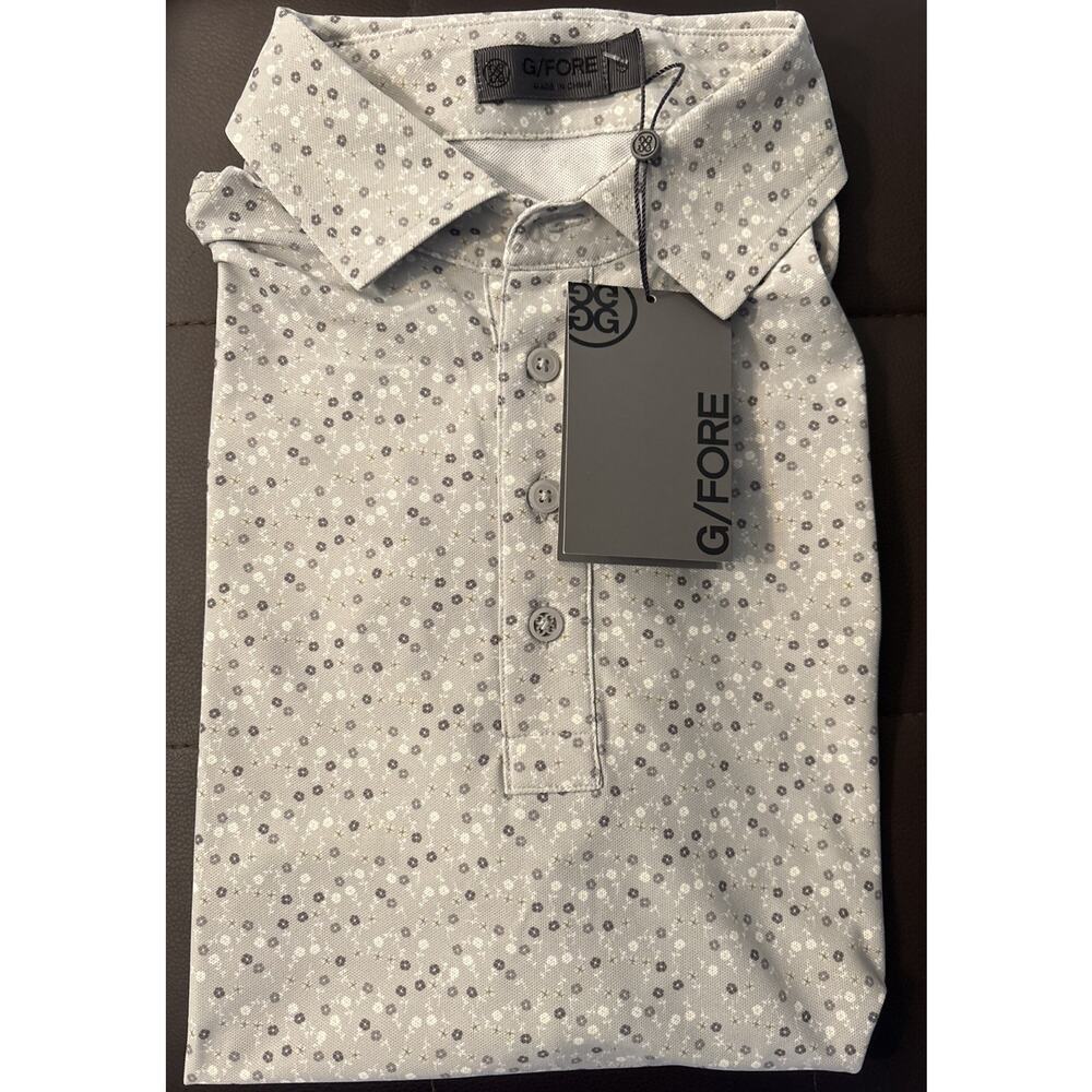 NWT G/FORE G4 Aye Papi Tech Piqué Slim Fit Golf Polo Mens Small Gray Poppy Print